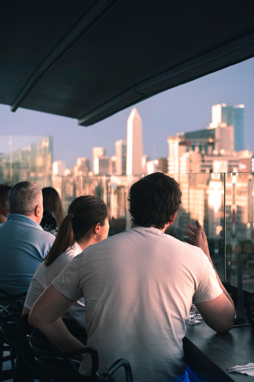 darling, terrace, building, buildings, people, shades, nature, sun, sunset, afternoon